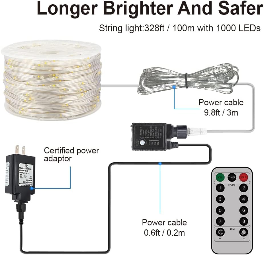 Ultra Long LED String Lights - 328ft 1000LEDs 8 Modes Dimmable Fairy Lights, Waterproof UL Listed Plug Copper Wire with Clear Casing and Remote Control for Room, Patio, Wedding, Party (Upgraded)