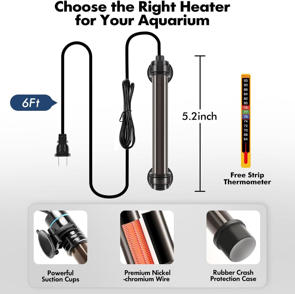Orlushy 25W Submersible Small Fish Tank Heater with Free Thermometer, Preset Temperature 78℉ Aquarium Heater for 1-5 Gallon Freshwater & Saltwater Tank