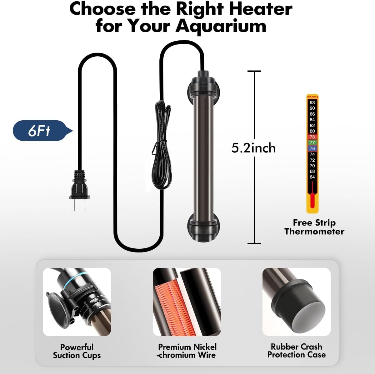 Orlushy 25W Submersible Small Fish Tank Heater with Free Thermometer, Preset Temperature 78℉ Aquarium Heater for 1-5 Gallon Freshwater & Saltwater Tank