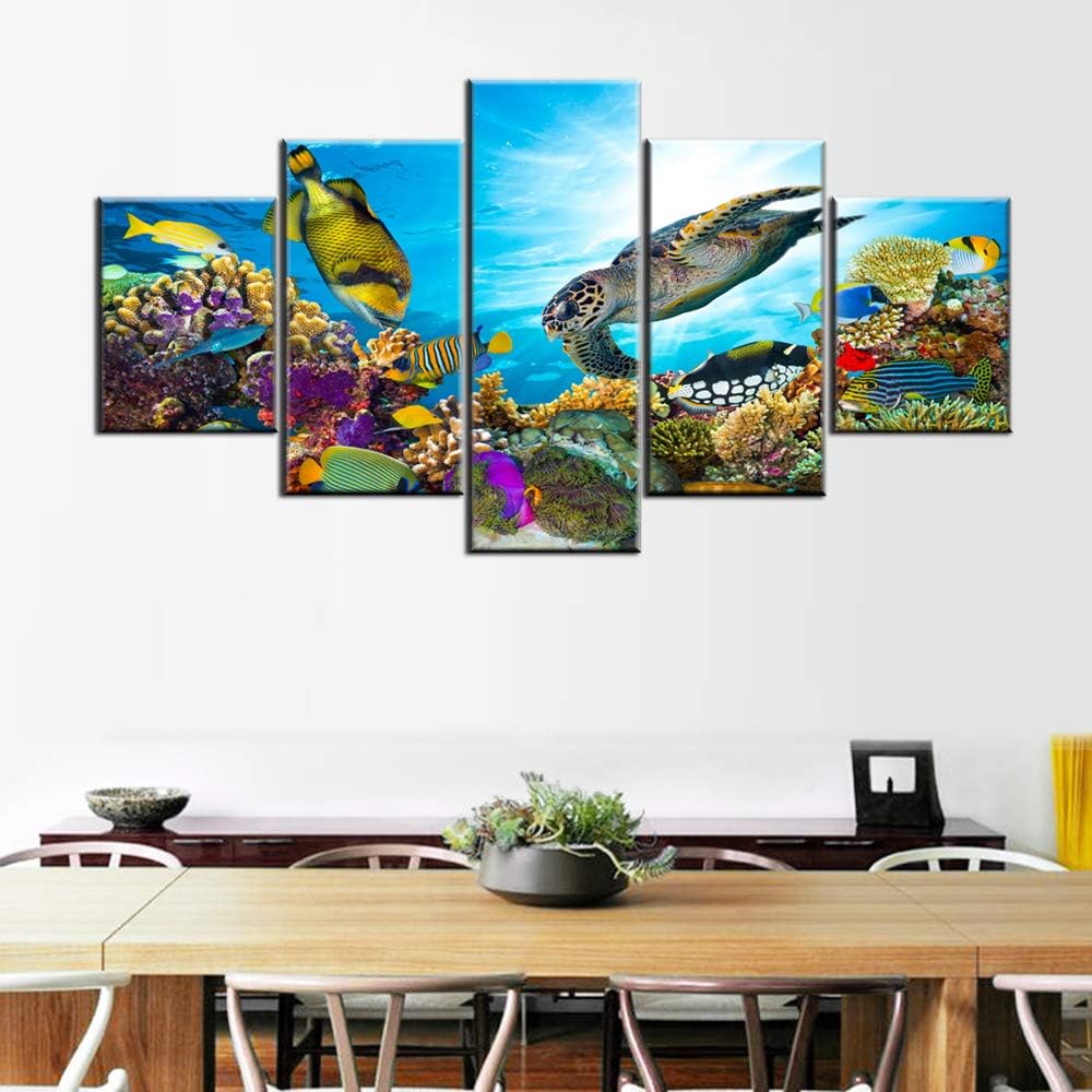 Room Wall Pictures Colorful Coral Reef Wall Art for Living Room Landscape Paintings 5 Piece Prints on Canvas Undersea Artwork Modern Home Decor Galler-Wrapped Wooden Framed Ready to Hang(60''Wx 32''H)