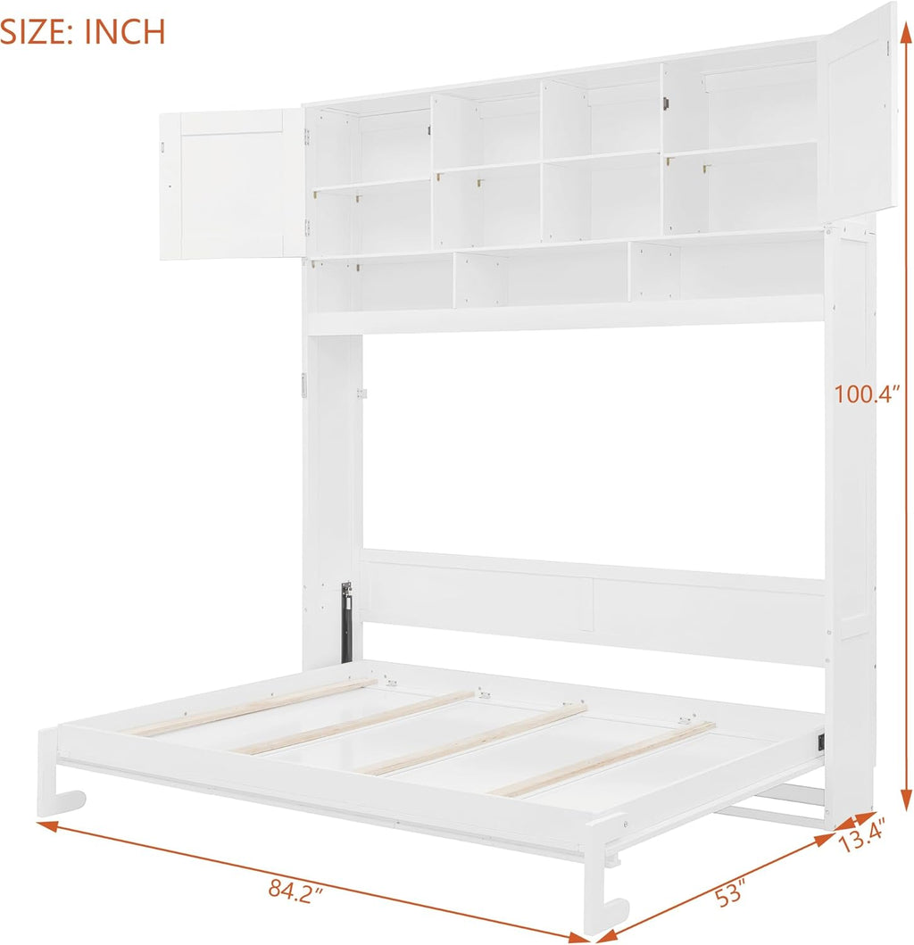Merax Queen Size Murphy Bed Wall Bed with Top Cabinets and Shelves, Space-Saving Design Foldable Platform Bed Frame, Multifunctional Bed for Bedroom, Guest Room, Home Office, White (Chevron Stripes)