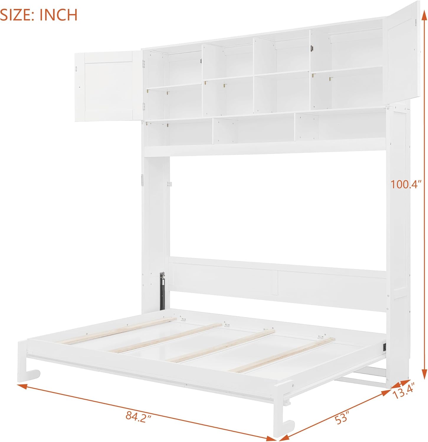 Merax Queen Size Murphy Bed Wall Bed with Top Cabinets and Shelves, Space-Saving Design Foldable Platform Bed Frame, Multifunctional Bed for Bedroom, Guest Room, Home Office, White (Chevron Stripes)