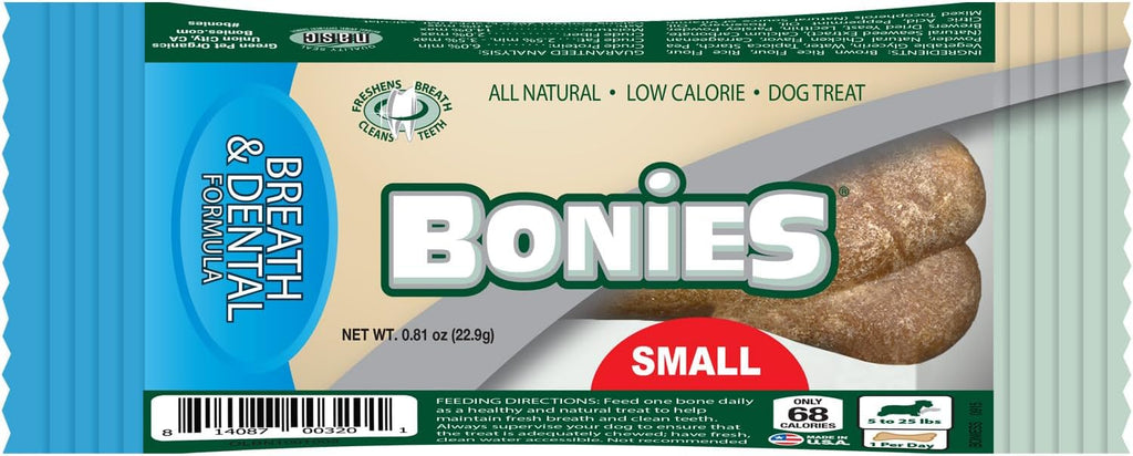 Bonies Natural Breath and Dental Formula Small-Sized Single Bone - All-Natural Ingredients, Fresh Breath, Cleans Teeth, Low Calories, Chicken Flavor, Small Dog, 1 Bone