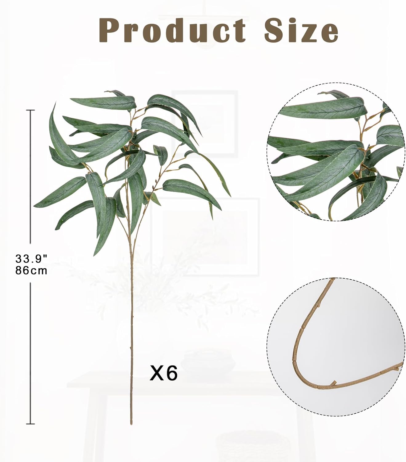 Briful Artificial Eucalyptus Willow Branches 33'' Tall Fake Eucalyptus Stems Arrangement, Realistic Faux Greenery Stems, Indoor Plant, Home Housewarming Farmhouse Porch Vase Decor, Set of 6