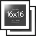 Homeforia 16x16 Black Wood Frame, High End Oak 16 x 16 Square Picture Frames with Mat 12 by 12 inches Photo, 16by16 Black Wooden Poster Frames Matted to 12x12 Print, Tempered Glass, Wall Kit, Set of 2