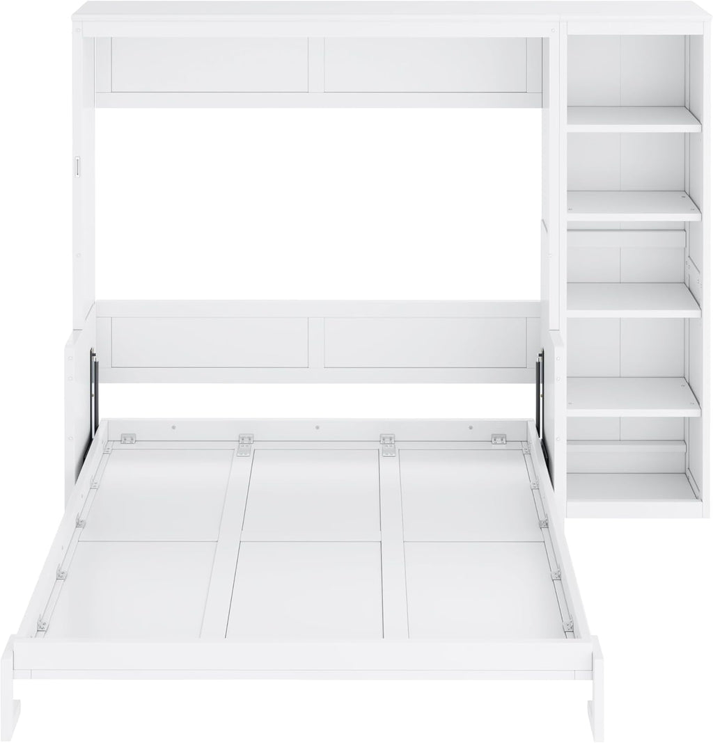 MERITLINE Queen Murphy Bed with Desk and Storage Shelves,Wood Hideaway Murphy Wall Bed with Storage Bookcase for Adults (White,Queen)
