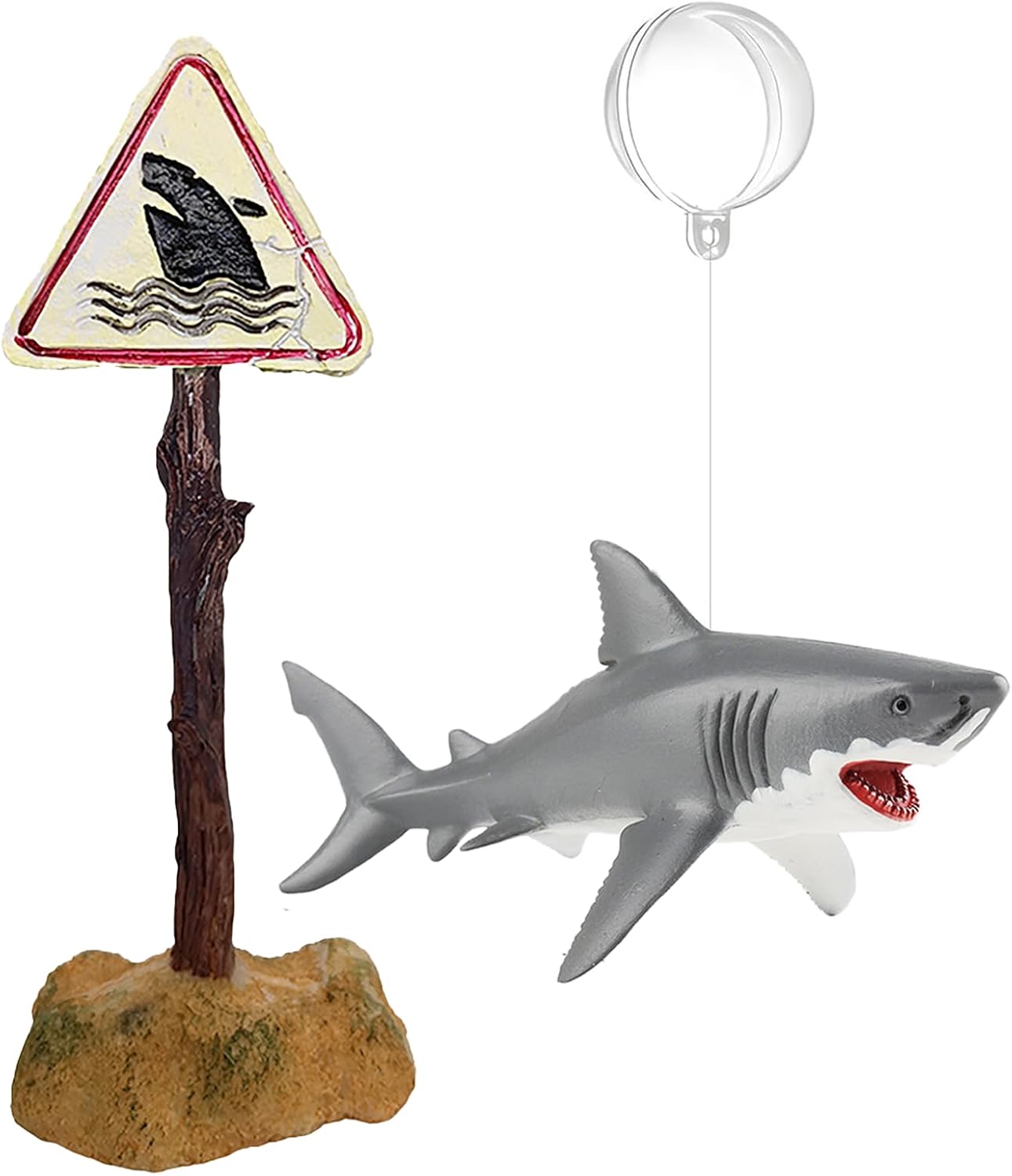 Aquarium Shark Décor Set - Floating Great White Shark with Shark Warning Sign for Fish Tanks - Decorative Accessories for Aquariums (Danger - Shark Zone)