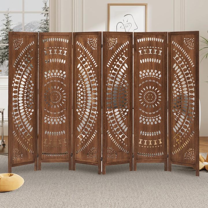 Boho 6 Panel Room Divider, Room Dividers and Folding Privacy Screens, Modern Room Partition, 67" Room Divider Wall, Privacy Dividers for Rooms, Bedroom, Office, Dark Brown