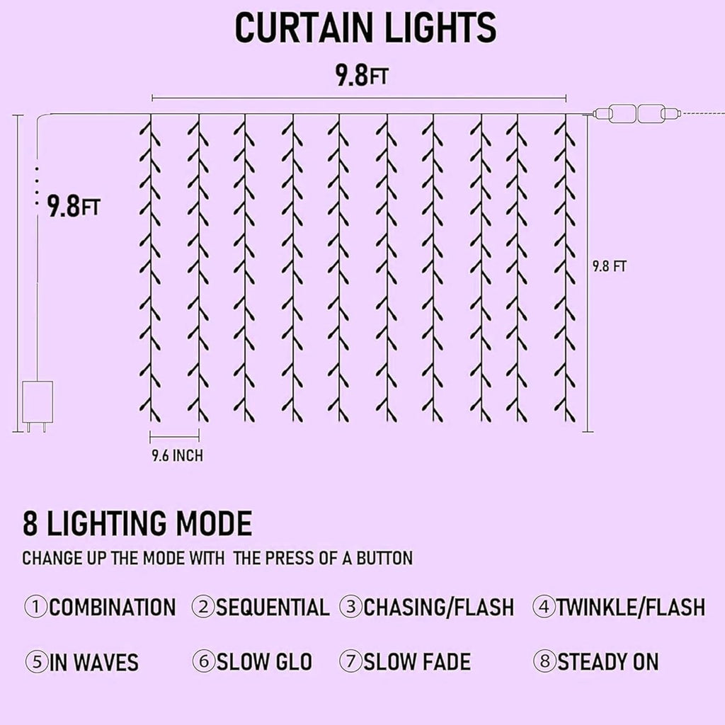 Dazzle Bright 300 LED Christmas Curtain String Lights, Halloween Fairy Lights for Bedroom with 8 Lighting Modes, Waterproof Window Light Party Wedding Garden Wall Decor, Purple