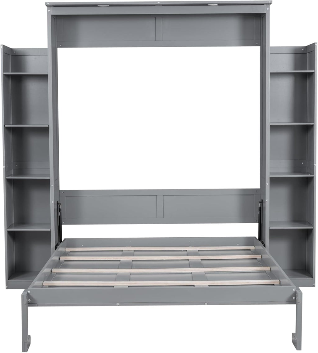 Queen Murphy Bed with Storage Shelves and LED Lights, Wood Grey Murphy Wall Bed Cabinet with Bookcase Bookshelf for Adults