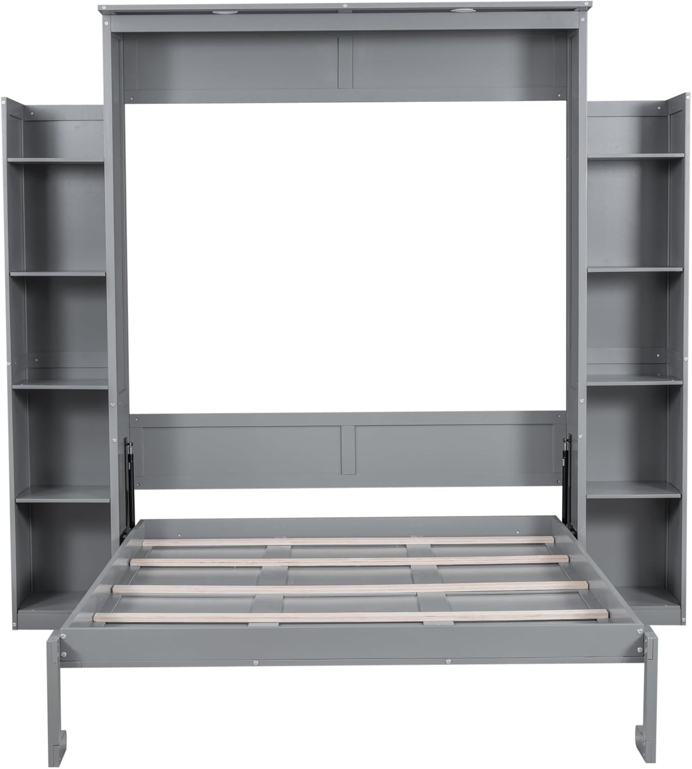 Queen Murphy Bed with Storage Shelves and LED Lights, Wood Grey Murphy Wall Bed Cabinet with Bookcase Bookshelf for Adults