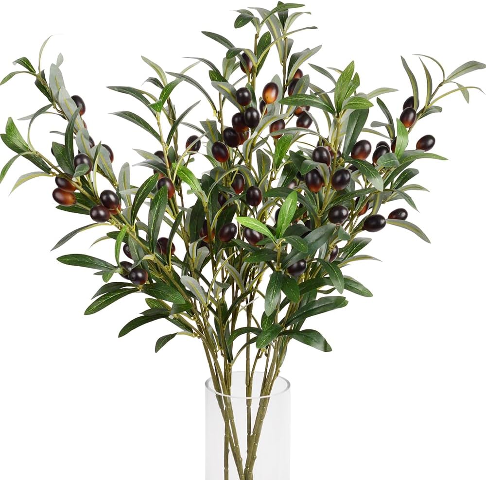 6pcs Artificial Plants Greenery Olive Branches Stems Fake Plants Green Leaves Fruits Branch Leaves for Home Office ndoor Outside DIY-Wreath Decor 28-Inch (6)