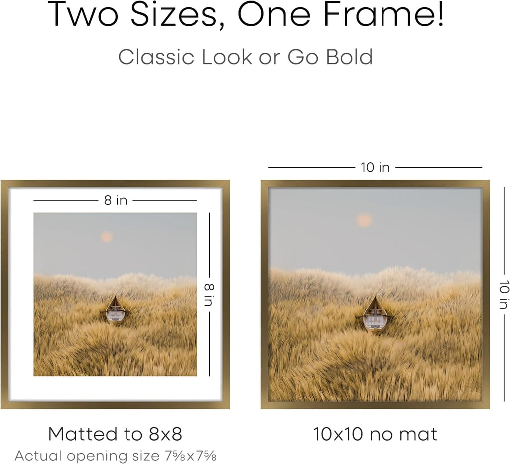 Homeforia 10x10 Picture Frame Bronze, High End Metal 10 by 10 Square Brass Frames with Mat 8 x 8 Photo, 10x10 Poster Frame Matted to 8x8 Art, Wall or Tabletop Frame, Tempered Glass, Wall Kit, Set of 4