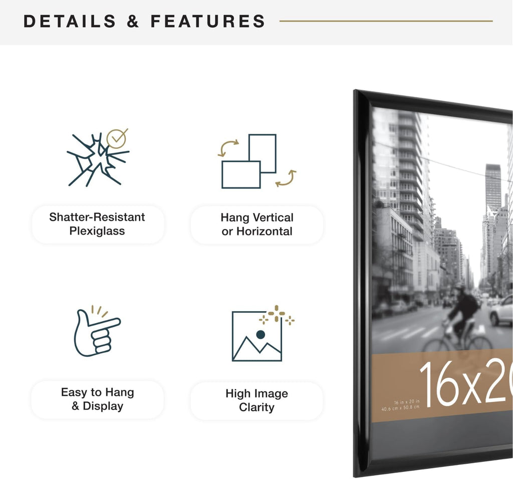 MCS Trendsetter 16x20 Poster Frame Black High-Gloss, Vertical & Horizontal Wall Hanging Large Picture Frame for Photos, Posters & Art Prints (1-Pack)