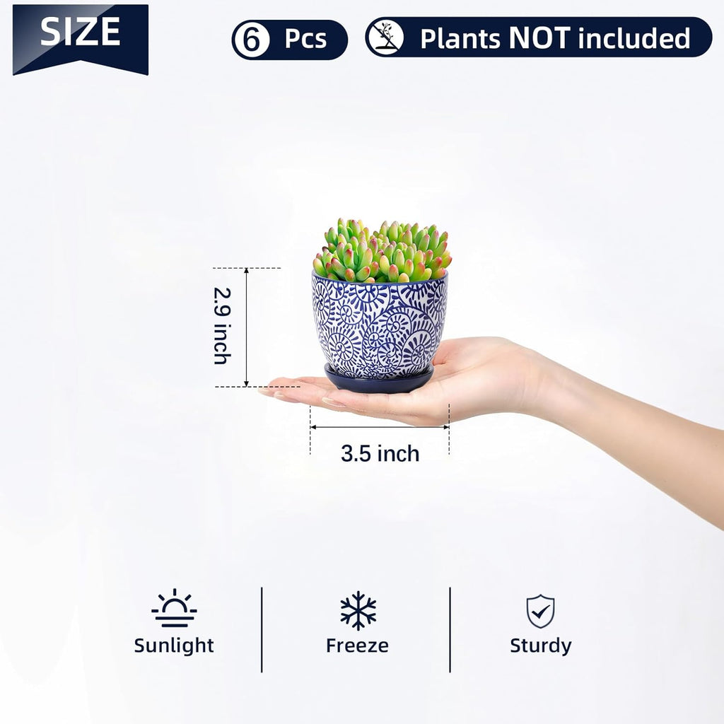 Selamica Ceramic Succulent Pots, 3.5 Inch Small Plant Pots for Indoor Plants Cactus Herbs, Succulent Planters with Drainage Holes & Saucers, Home Decor, Set of 6, Vintage Blue