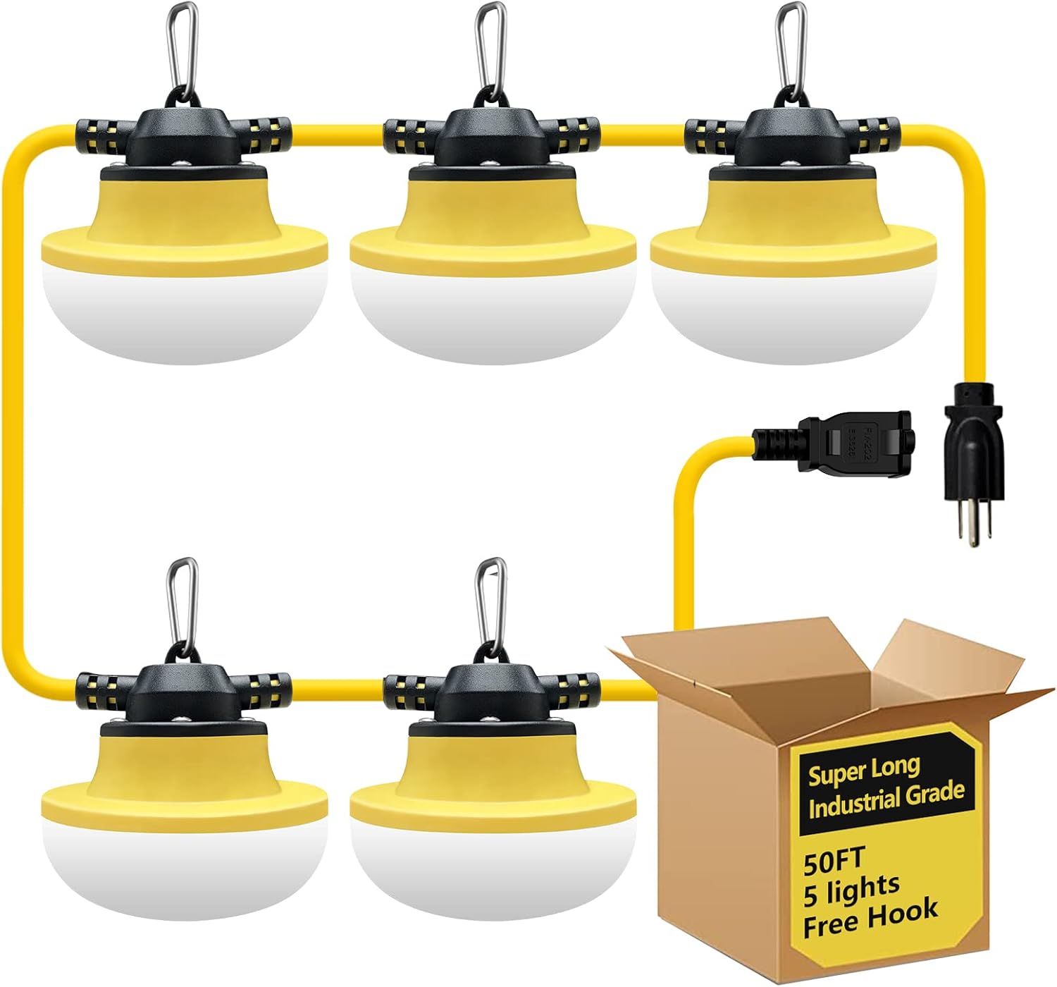 New Upgrade 50FT Construction String Lights LED Industrial Grade Best for Construction Sites,Renovation, Walkways,Patio,Mine cave,Outdoor Lighting Solutions Use,Free for Climbing Hook 3Prong