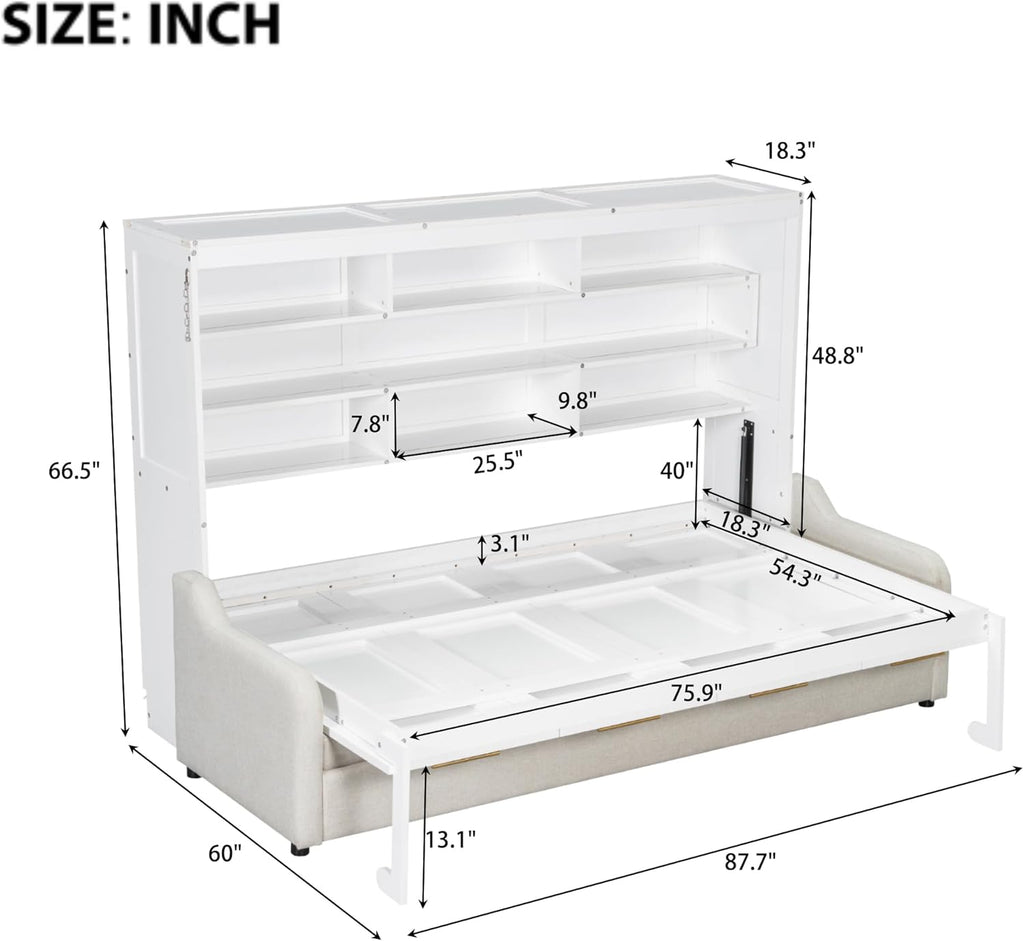 Full Horizontal Murphy Bed with Sofa and Storage Shelves,LED Light,Solid Wood Space Saving Hideaway Murphy Wall Bed with Couch and Storage for Adults (Beige,Full)