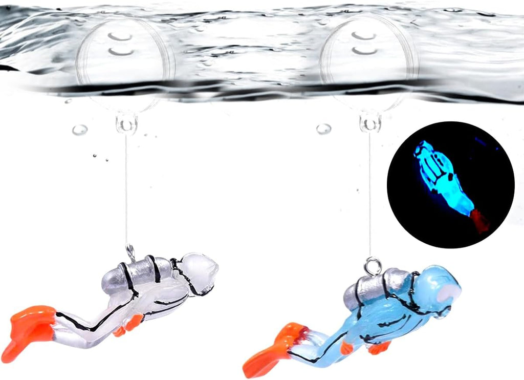 2pcs Glow in The Dark Fish Tank Floating Decor, Resin Aquarium Decorative Camera Diver with Thin Line and Suspended Ball, Fish Tank Decor for Aquarium Landscape Decor (Beige and Blue)