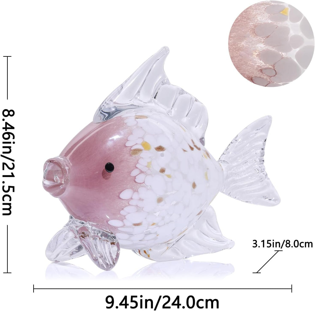 Large Hand Blown Glass Fish Figurines, Aquarium Sea Glass Art, Pink Fish Statue Sculpture Modern Coastal Accent - for Beach Knick Knacks, Coffee Tables, Nautical Offices Centerpiece