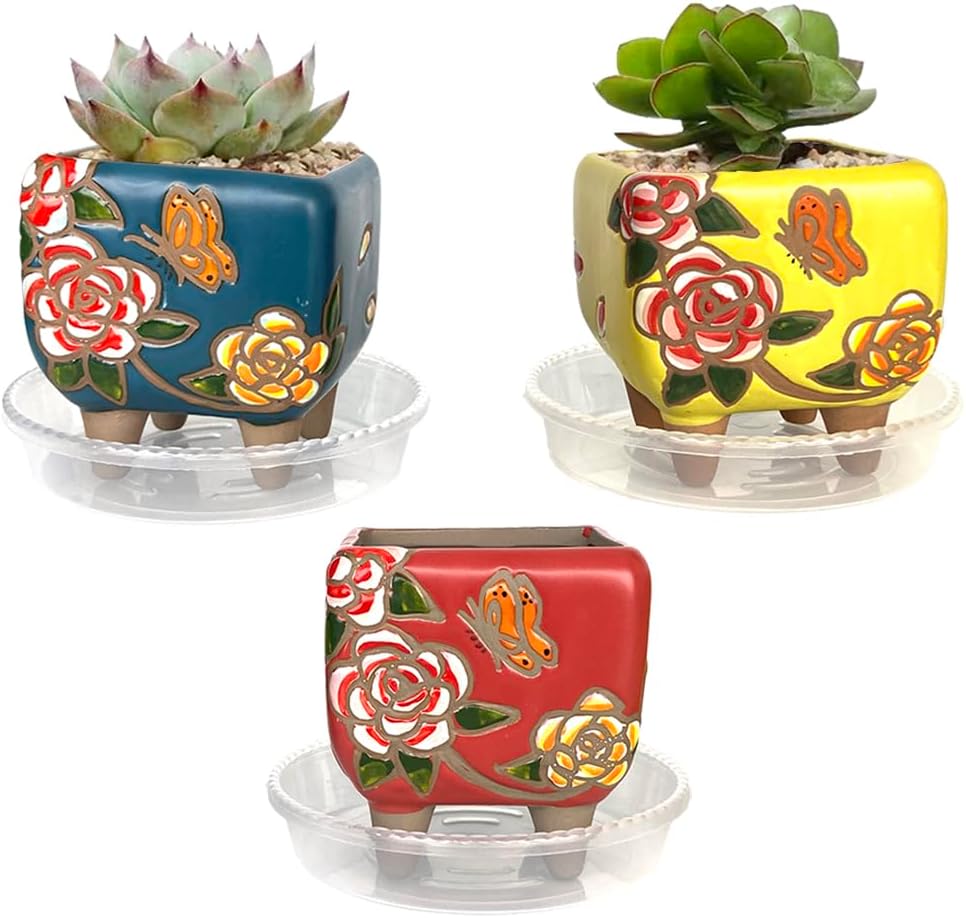 3.63 Inch Hand Painted Succulent Planter with Drainage and Saucers Ceramic Cactus Planter Pot Clay Pot Floral Design Indoor Outdoor Set of 3 (Green Yellow Red)