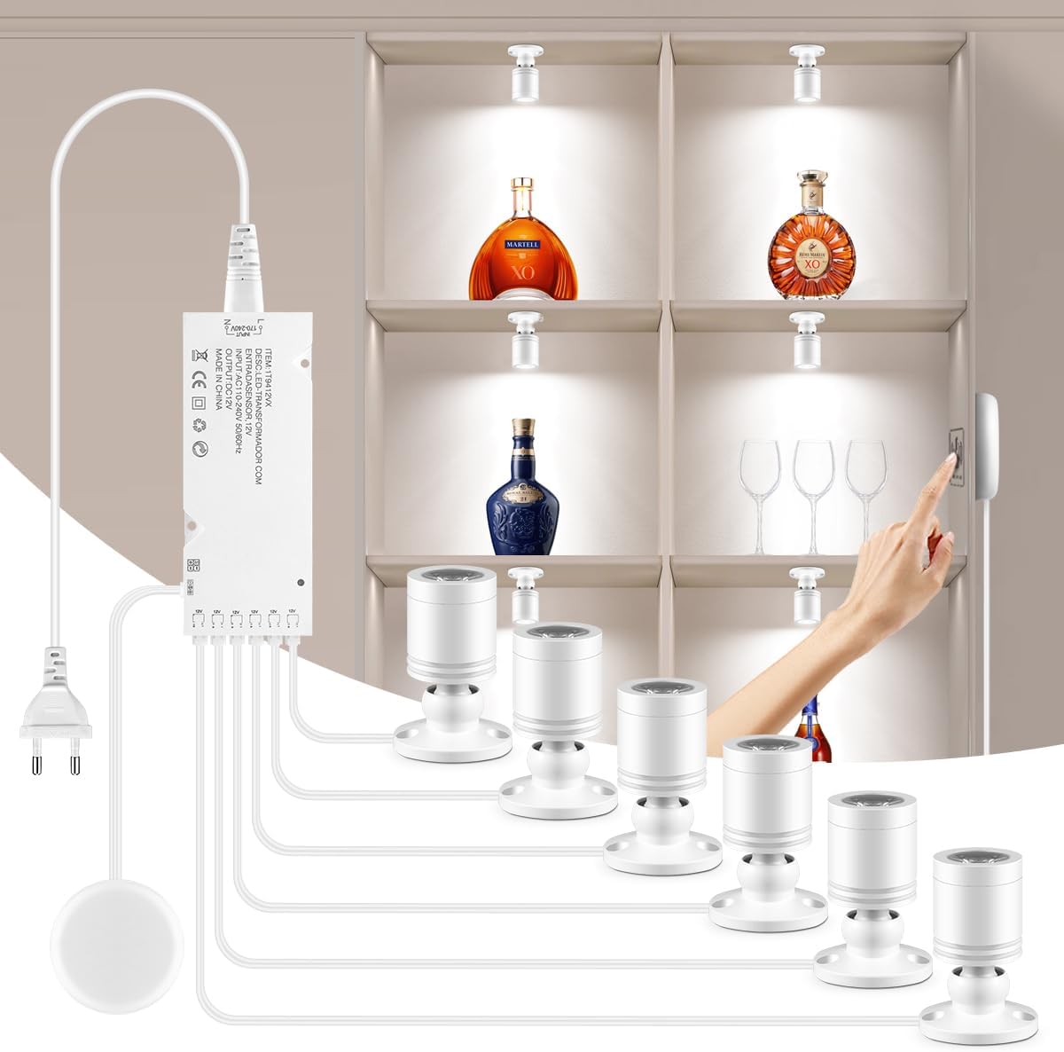 Cabinet Light LED Spotlights 6 Pack Dimmable Penetrative Touch-Sensitive Switch, Suitable for Wall Art, Plants, Jewelry Display Cases, and Collectible Showcases (Cool White 6500K)