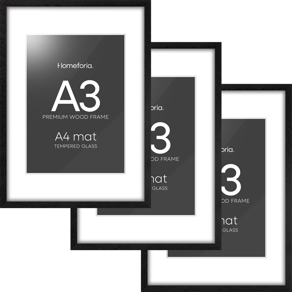 Homeforia A3 Picture Frame Black Wood, High-End Oak 11.7 x 16.5 Black Poster Frames Matted to 8.3 by 11.7 Photo, 11.7x16.5 Size Wooden Frame with Mat 8.3x11.7 Print, Tempered Glass, Wall Kit, Set of 3