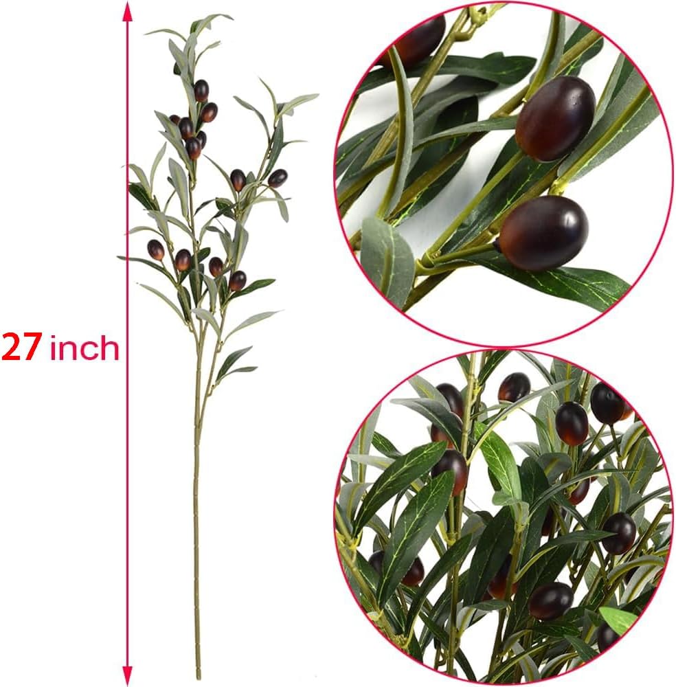 3pcs Artificial Plants Greenery Olive Branches Stems Fake Plants Green Leaves Fruits Branch Leaves for Home Office ndoor Outside DIY-Wreath Decor 27-Inch (3)
