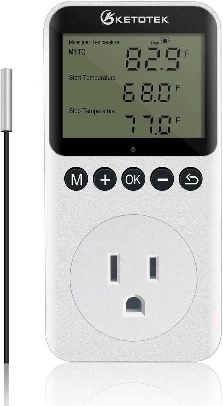 KETOTEK KT3200PRO Digital Temperature Controller Outlet Day Night Thermostat Plug Socket Heating Cooling Temp Controller with Sensor Timer Regulator for Reptile Greenhouse Brewing Refrigerator