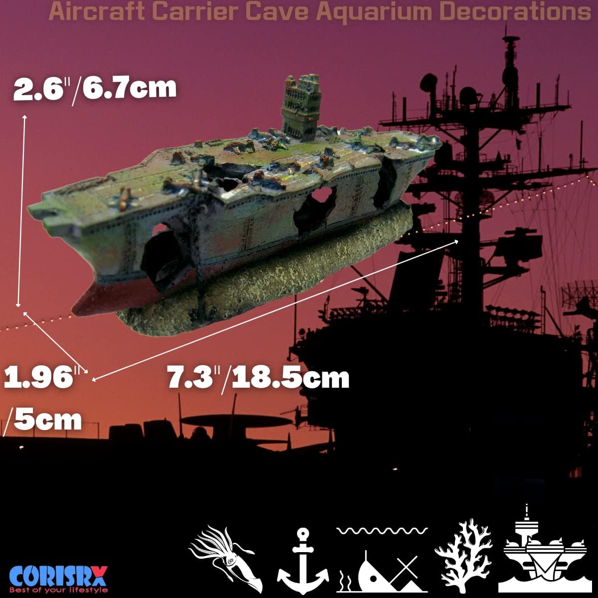 CORISRX BEST OF YOUR LIFESTYLE Dr. Moss Aircraft Carrier Cave Aquarium Ornament - Navy Warship Battleship Decoration Ship