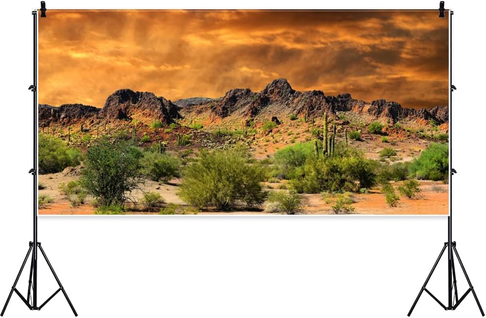Laeacco 16x7ft Dusk Desolate Desert Backdrop Weathered Mountains Scenic Backdrop Natural Landscape Sunset Glow Cactuses Wedding Photo Studio Stage Perfomance Wallpaper Portrait Shoot Booth Props