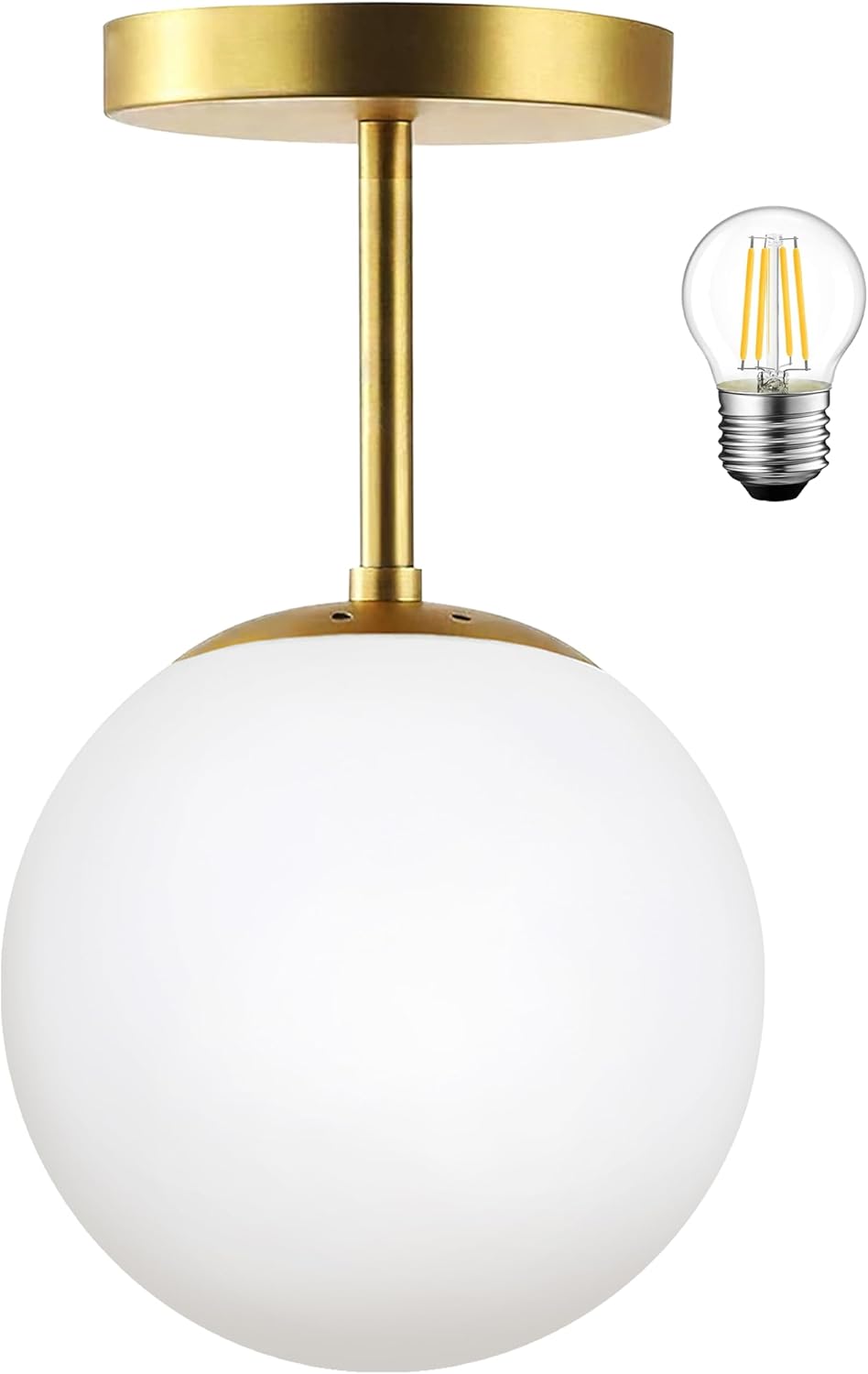 Mid Century Modern Globe Semi Flush Mount Ceiling Light Fixture Frosted Glass with Gold Brass Finish,1-Light Sphere Glass Pendant Lights for Aisle Porch Stairway Closet Kitchen Laundry Room(Bulb Incl)