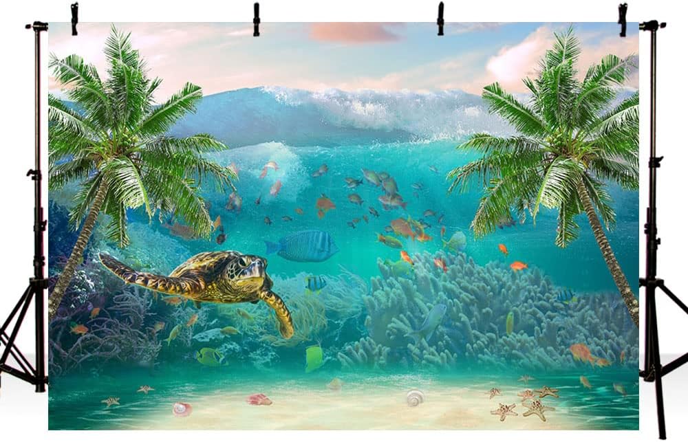 7x5ft Summer Underwater Photography Backdrop Sea Waves Under The Sea Turtle Fishes Palm Trees Corals Photo Background Beach Ocean Theme Birthday Decorations Props