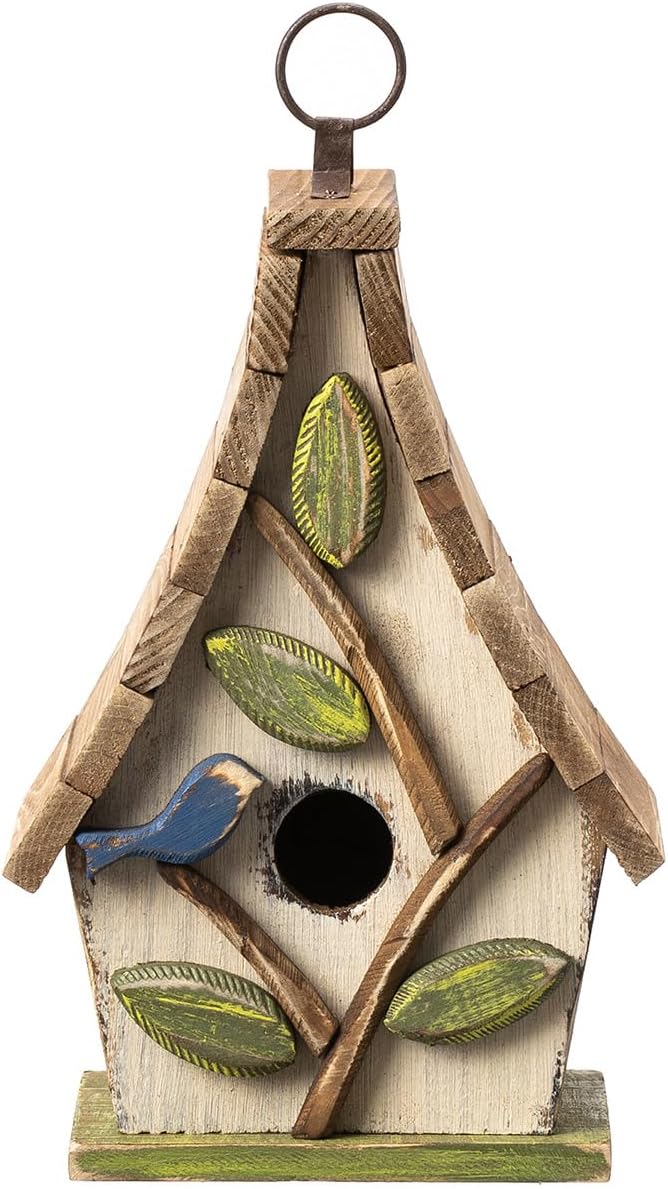 Glitzhome Bluebird House for Outside, 9.5" H Distressed Hanging Birdhouse Solid Wood Bird Houses for Outdoor, Decorative Birdhouse with Natural Wood Pallet Roof and 3D Tree for Garden,Washed White