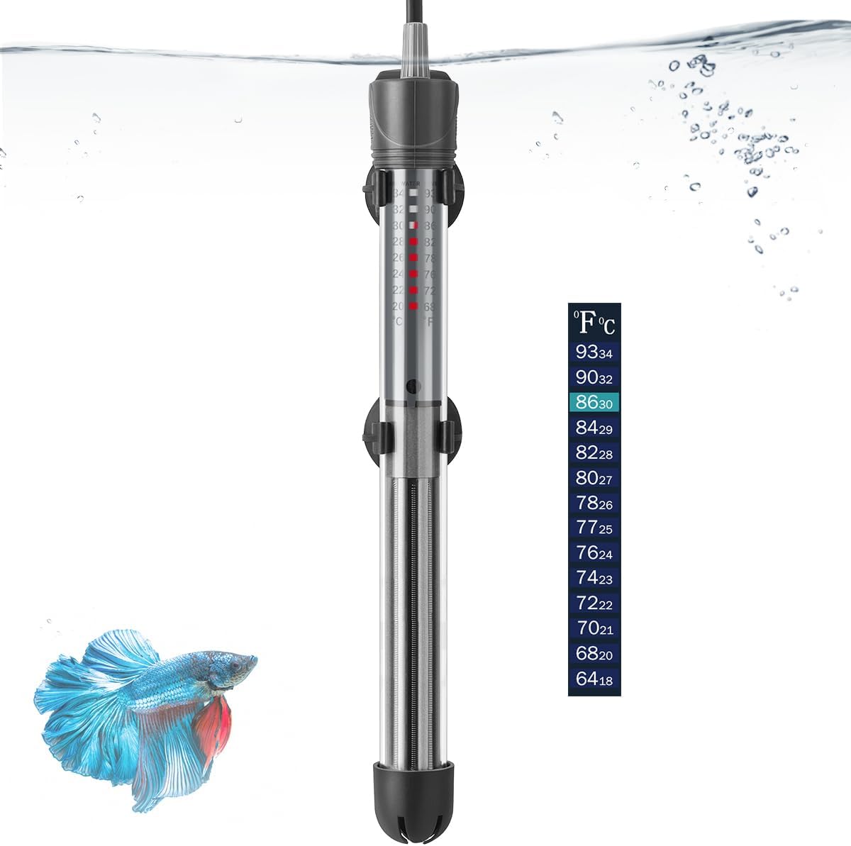 HITOP 25W 50W 100W 200W 300W Adjustable Aquarium Heater, Submersible Fish Tank Heater Thermostat with Suction Cup (200W)