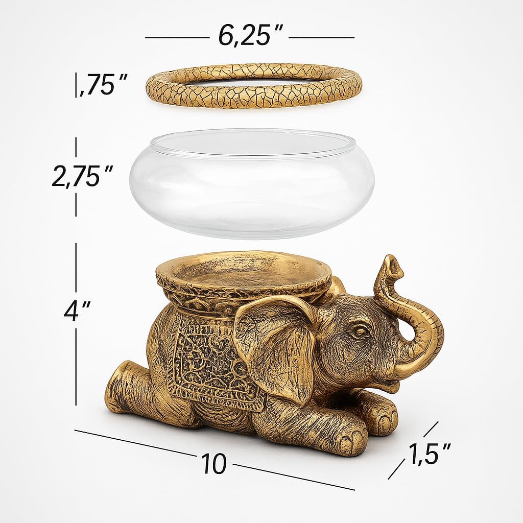 Good Luck Elephant Glass Bowl – Gold Antiqued Decorative Figurine with Removable Glass Bowl – Terrarium, Candle Holder, or Tabletop Aquarium – Polyresin Home Décor with Gift Box