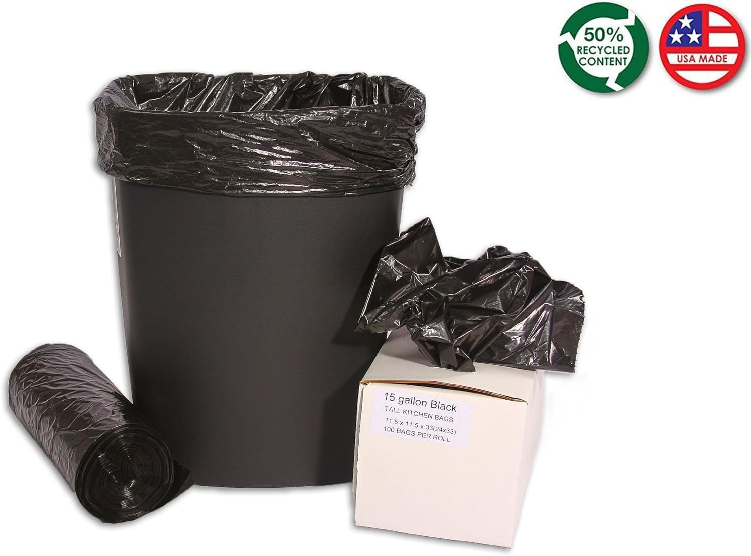 RESILIA Tall 15 Gallon Trash Bags - Black 20 Bags/Roll, 1 Mil, 0.001 Inch Thick, 24x33 inches (WxH), MADE IN USA
