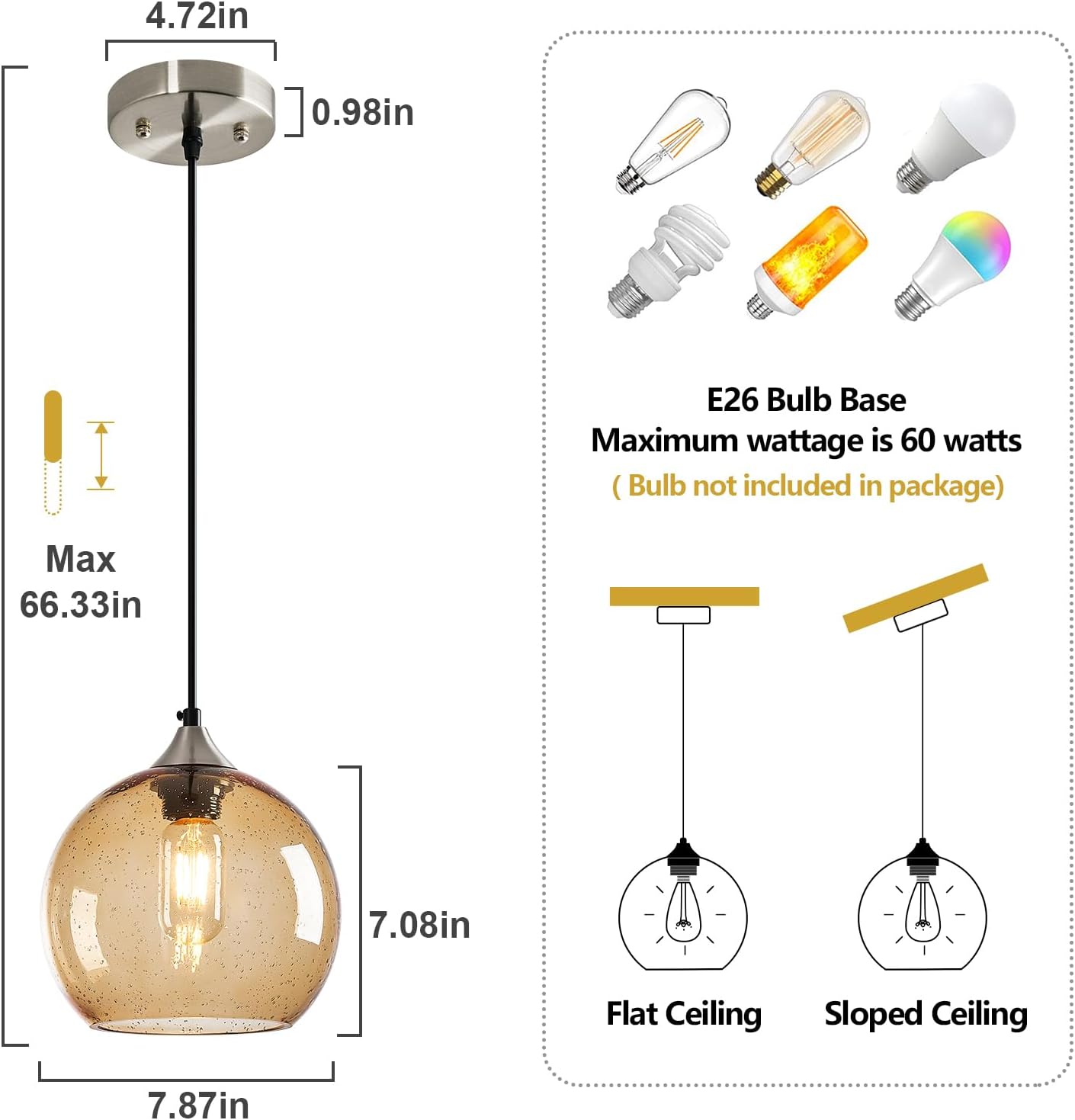 Light Brown Glass Pendant Lights Kitchen Island Lighting Globe Pendant Light Fixtures Modern Pendant Lighting for Bedroom Living Dining Room Light Fixture (7.87 in, 1 Pack)