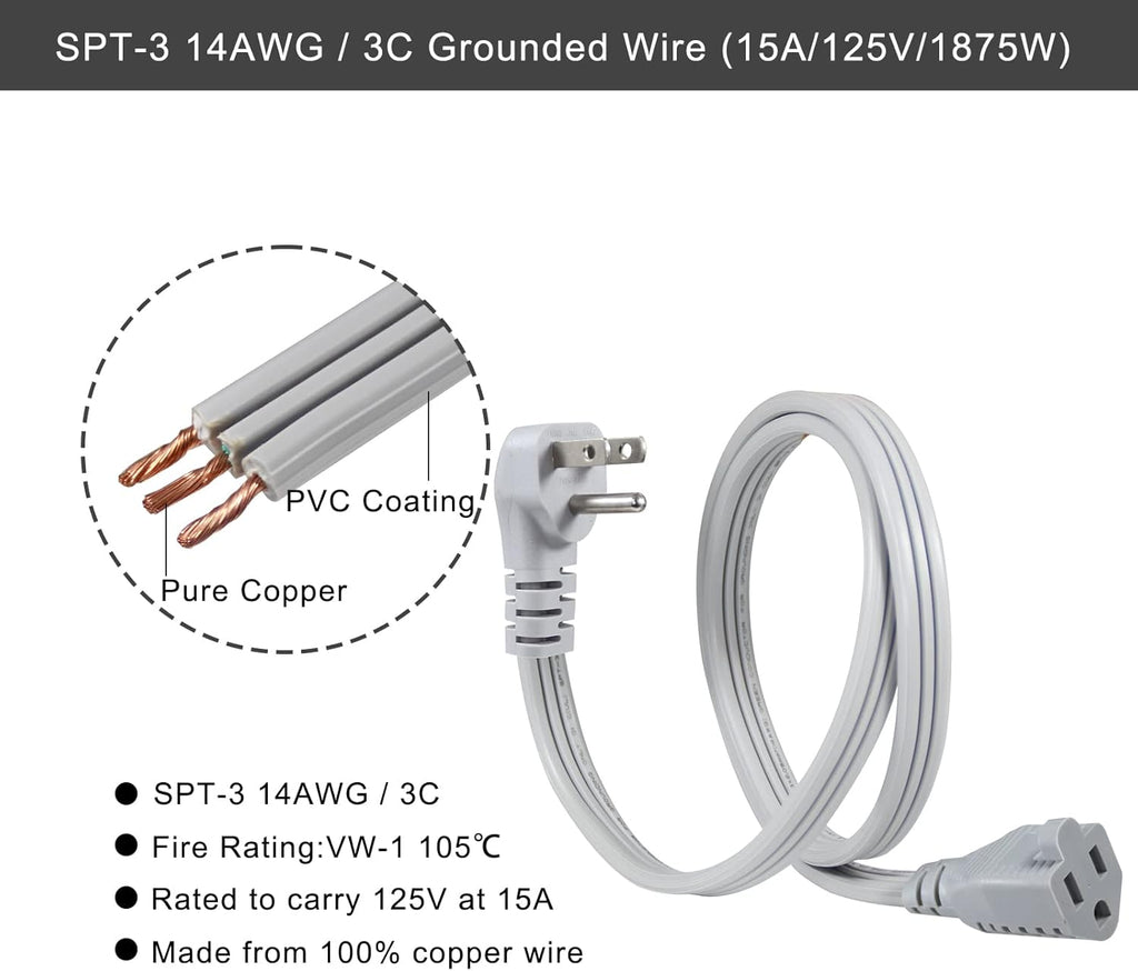 KUNCAN Appliance Power Extension Cord - 3 Prong Flat Wire SPT-3 14 AWG Heavy Duty Male to Female Extender Low Profile Grounded Cable for Major AC Unit, Air Conditioner, Refrigerator (3 Feet)