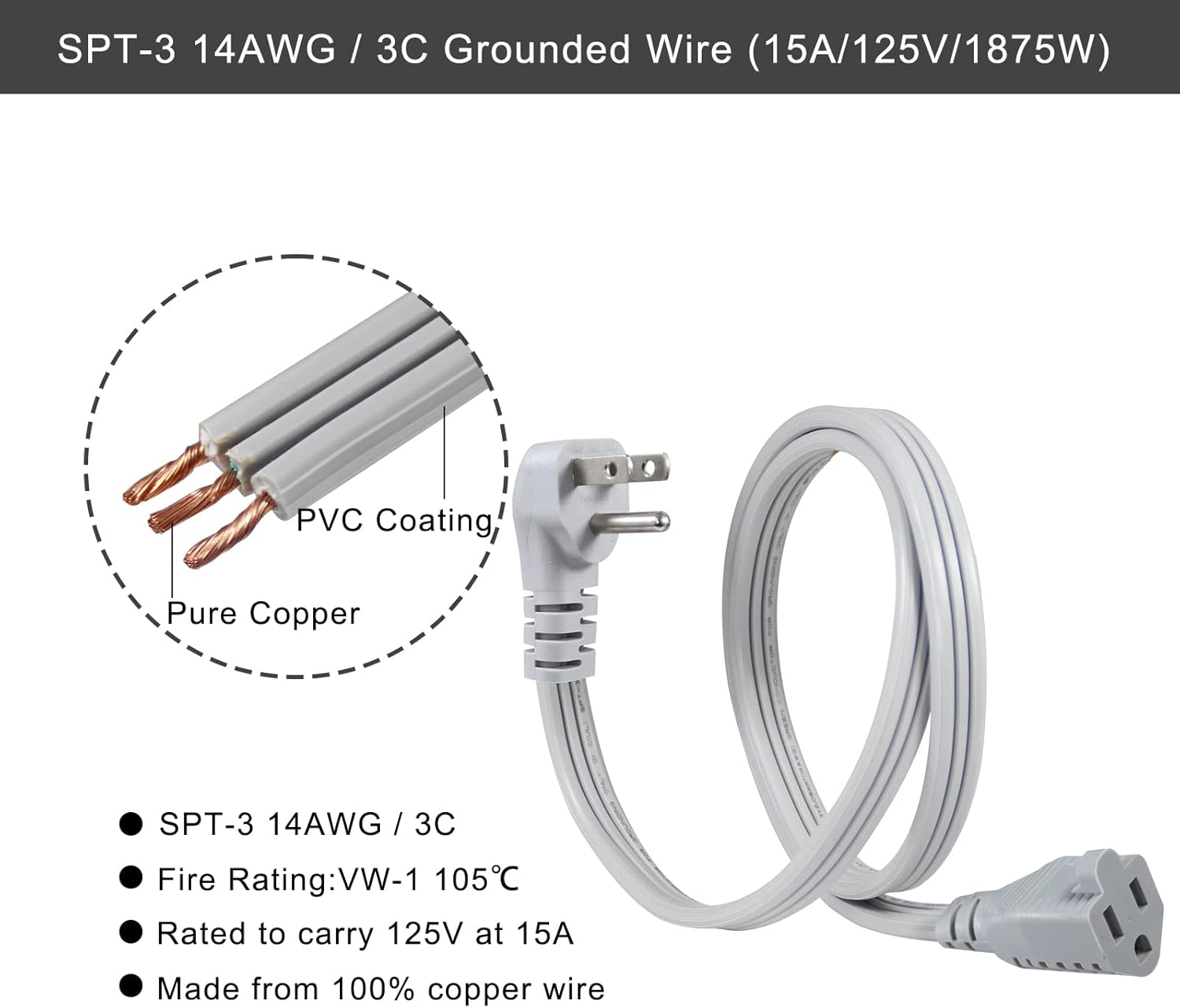 KUNCAN Appliance Power Extension Cord - 3 Prong Flat Wire SPT-3 14 AWG Heavy Duty Male to Female Extender Low Profile Grounded Cable for Major AC Unit, Air Conditioner, Refrigerator (3 Feet)