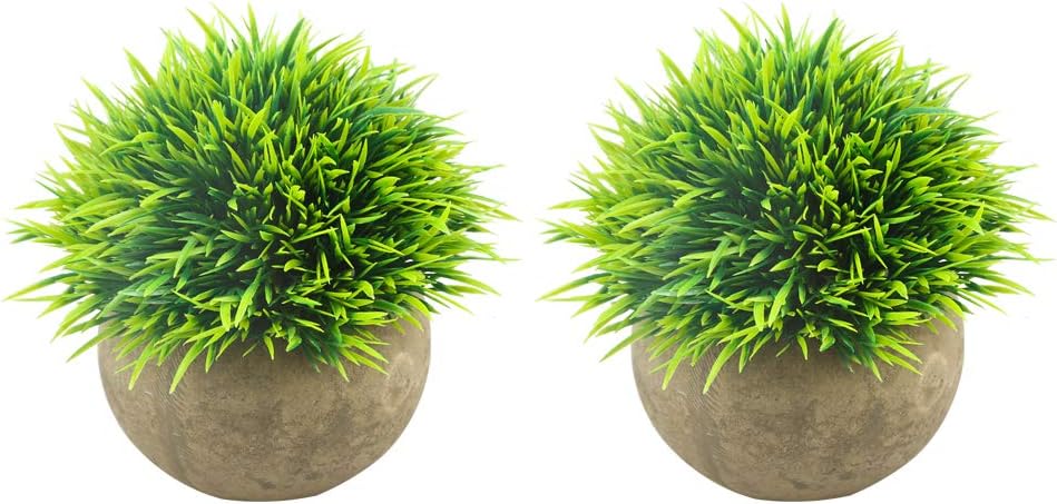 Mini Artificial Plants, Plastic Fake Green Grass Faux Greenery Topiary Shrubs with Grey Pots for Bathroom Home Office Décor, House Decorations (2)