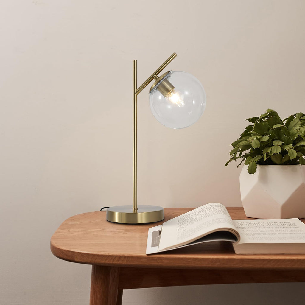Mid Century Modern Table Lamp, Contemporary Metal Brass Bedside Lamps with Clear Glass lampshade, Gold Globe Nightstand Lamp for Bedroom Living Room Study Room
