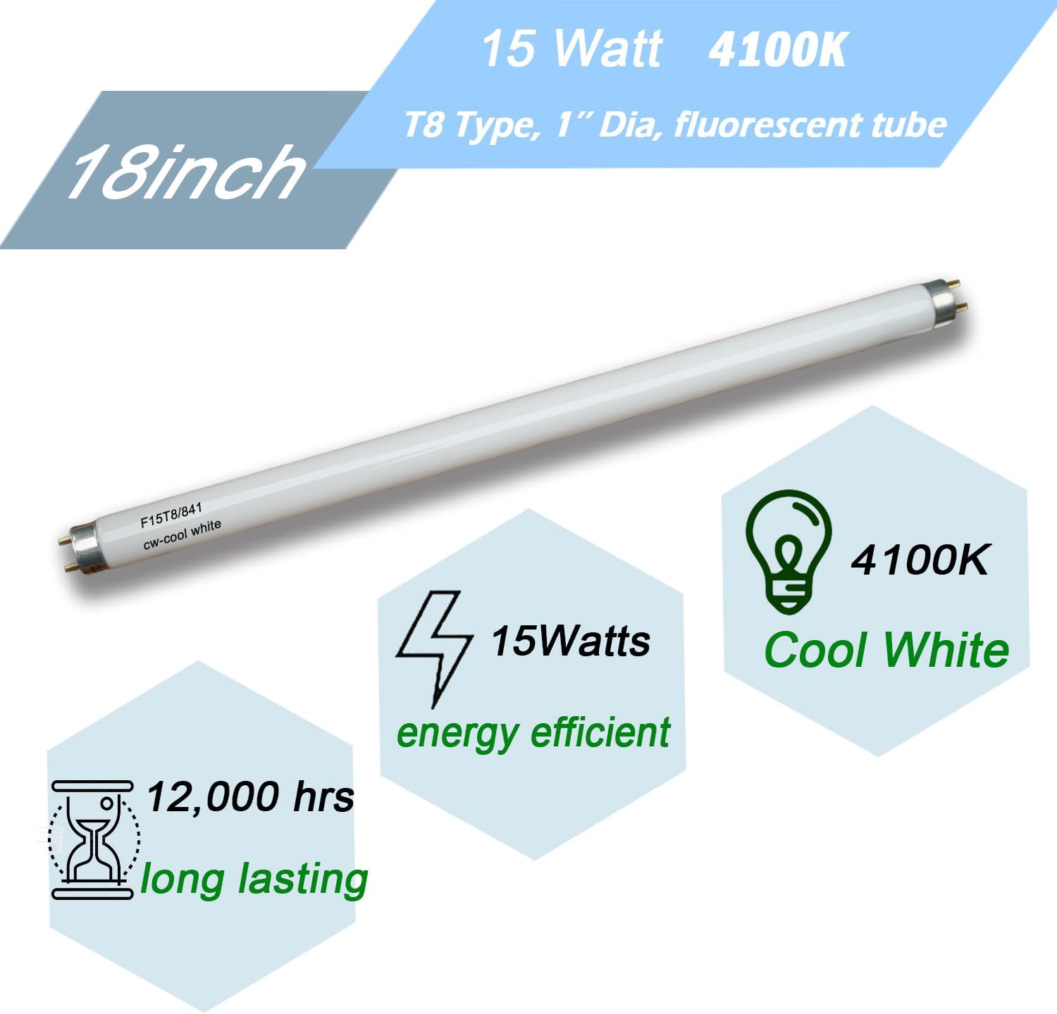 2Pack F15W-T8-CW Cool White 15 Watt Fluorescent Bulb,F15T8/CW 4100K Linear Light,T8 Tube for RV, Plant Lighting, Fish Tank