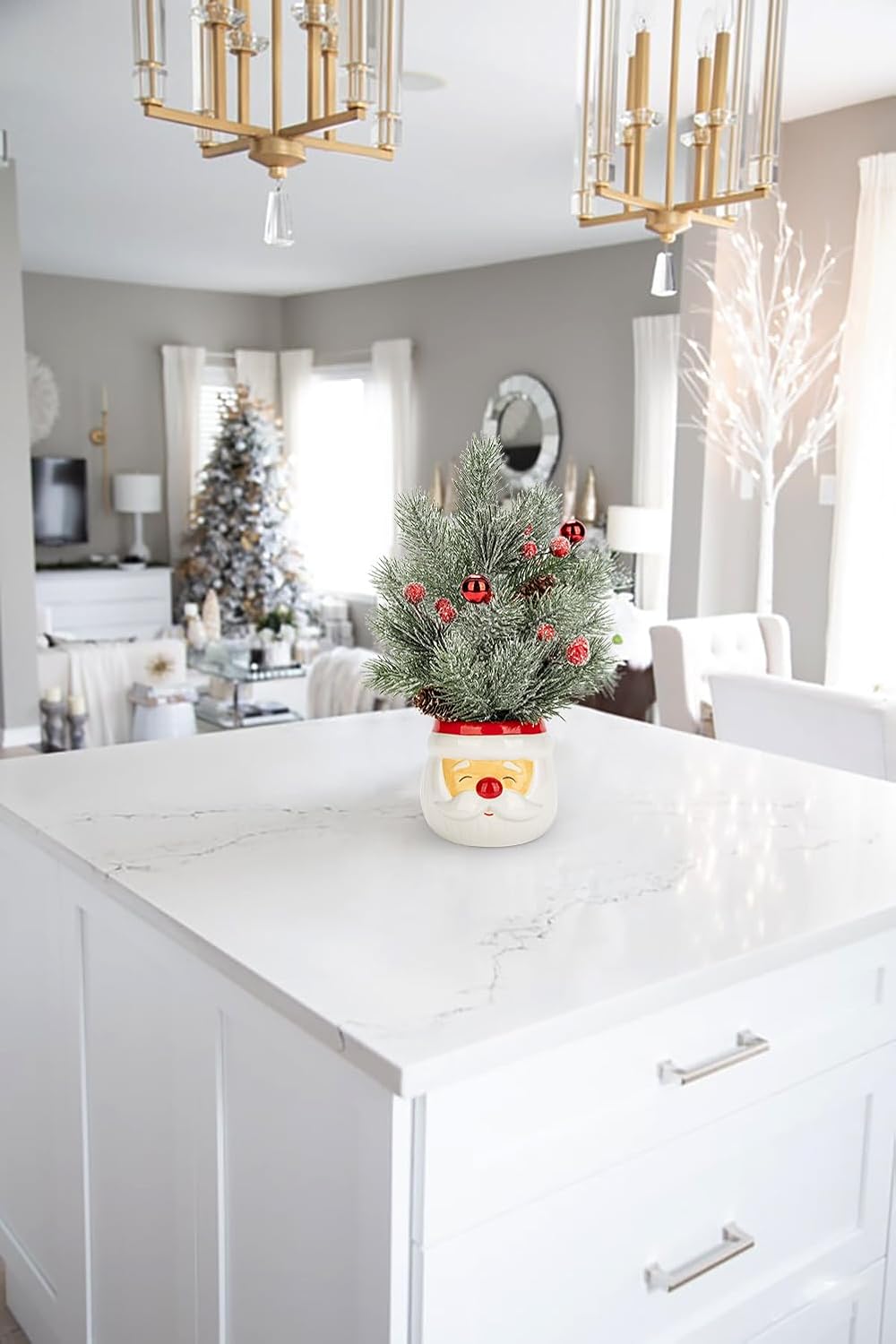 Small Christmas Tree Tabletop Snowman Potted Plants with Vase 11" Artificial Mini Xmas Tree Decorations Pine Needles Plant with Christmas Ball Ornaments Berries Pine Cones Slim Tree Party Home Decor