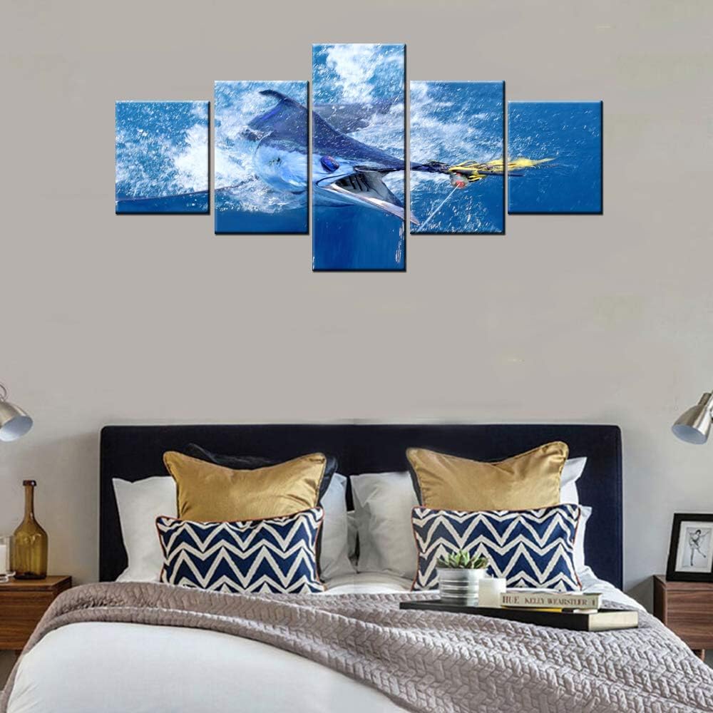 Shark Fish Wall Art for Living Room Big Game Fishing Pictures Blue Sea Paintings Multi Panel Prints on Canvas Ocean Wave Artwork Modern Home Decor Giclee Framed Stretched Ready to Hang(50''W x 24''H)