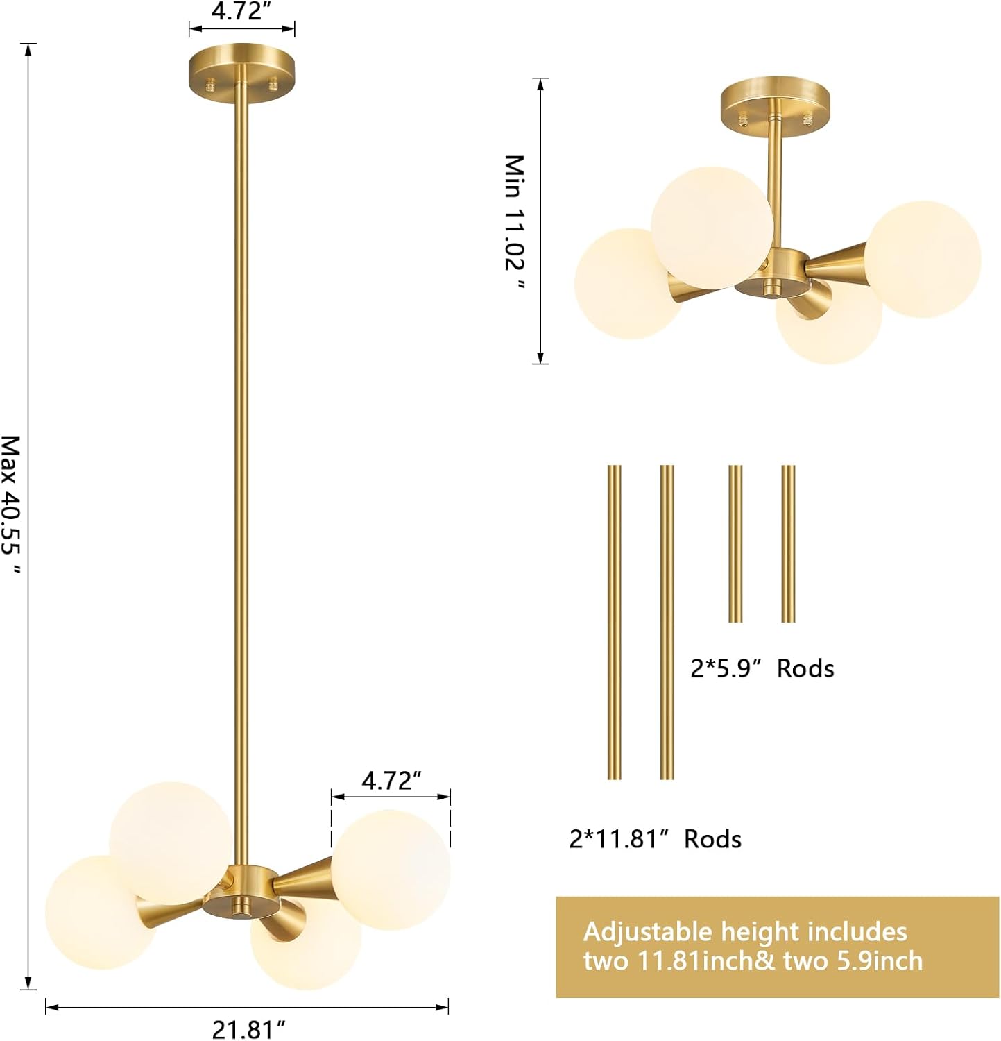 Mid Century Modern Ceiling Light with Milk White Glass lampshade Gold Semi Flush Mount Ceiling Light Fixture Sputnik Chandelier for Bedroom Living Room Dining Room Foyer Hallway(4-Lights)