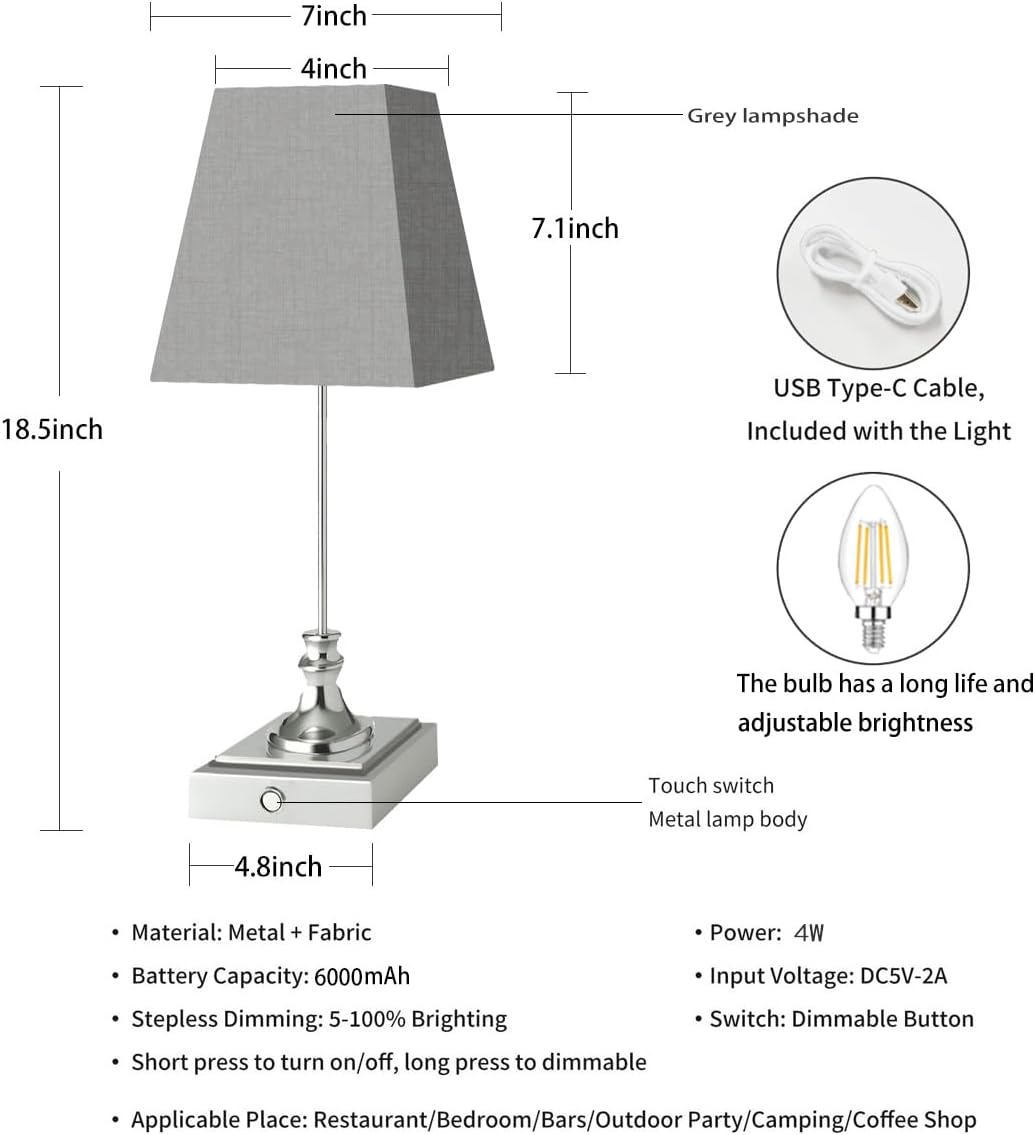 Rechargeable LED Table Lamps with Stepless Touch Control,Light Sliver Cordless Lamp for Living Room&Bedside&Patio&Shower,Small Desk Lamp(6000mAH Battery),1 Pack for Home Decor,Best Gifts for Family