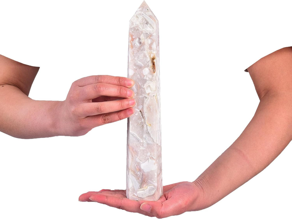 JIC Gem Large Pink Agate Crystal Geode Tower Wand Natural Pink Healing Crystal Obelisk 6 Faceted Reiki Chakra Meditation Therapy Home Decor Crystal Gift 2.2-2.6 Lbs