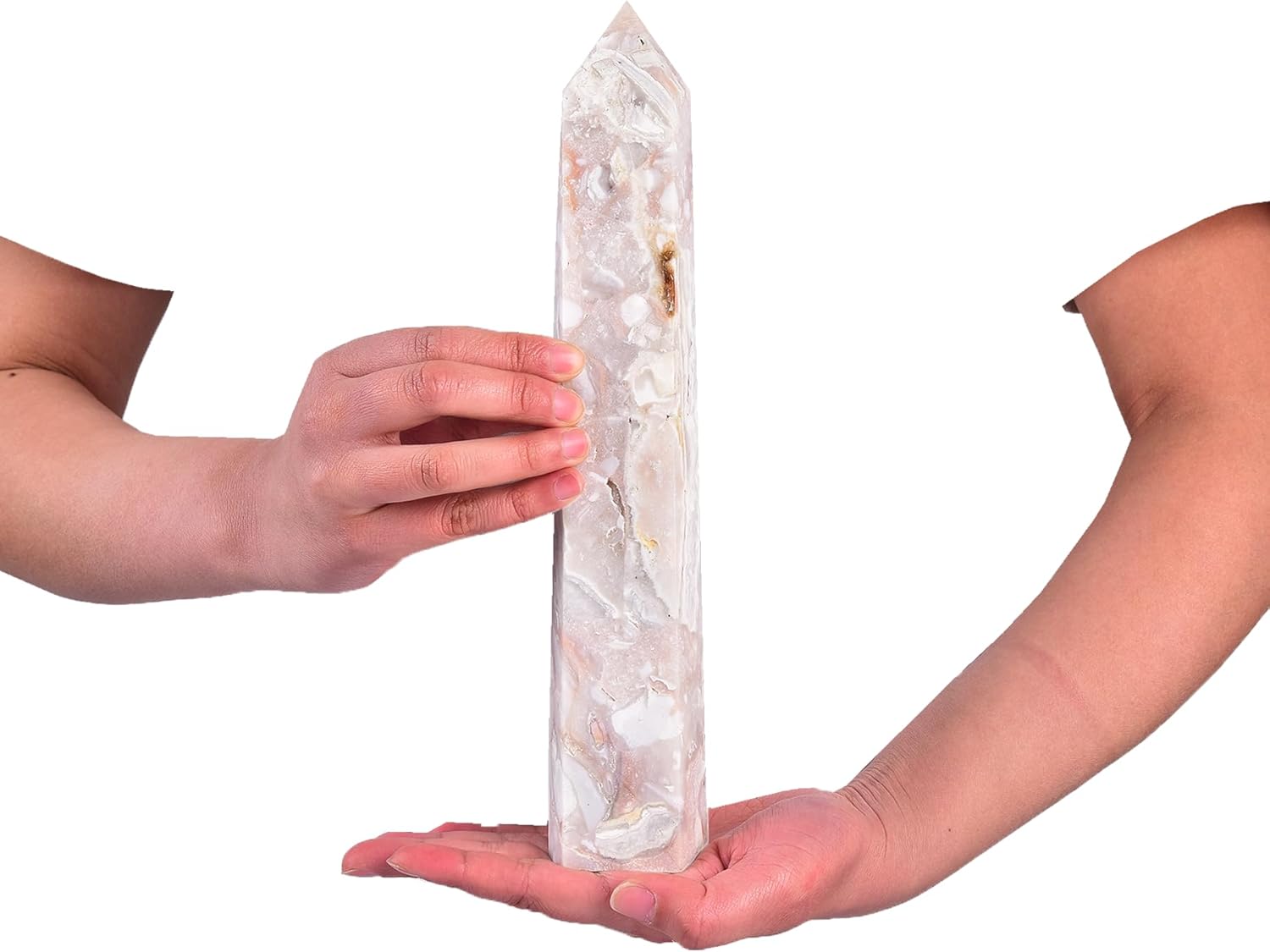 JIC Gem Large Pink Agate Crystal Obelisk Tower Natural Pink Healing Crystal Geode Druzy Point Wand 6 Faceted Reiki Meditation Therapy Decor Crystal Gift 2.6-3.0 Lbs