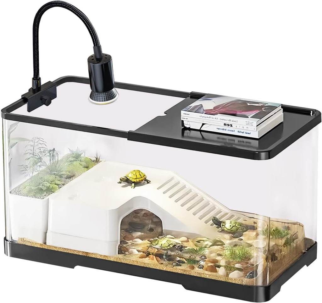 (Tank + Light + Filter + Filter Balls) Turtle Tank Kit, Turtle Tank Starter Kit,Bottom Drainage, Multi-Function Areas for Turtles, Crabs,Fishes, Amphibians,Reptiles.(15.75 x 8.64 x 8.64 Inch)
