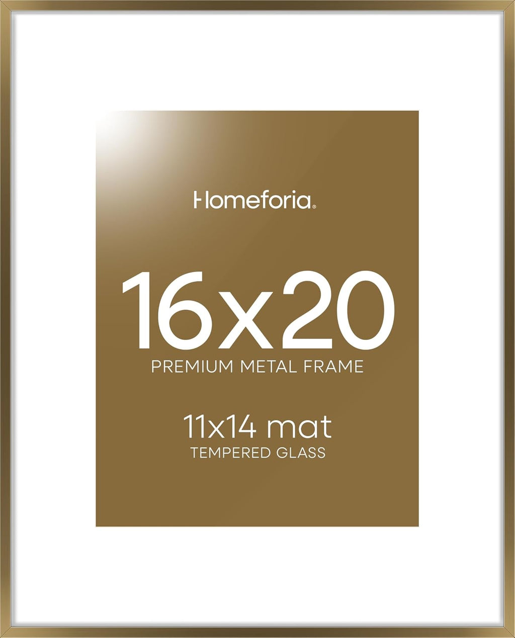 Homeforia Picture 16x20 Bronze Frame, High End Metal 16x20 Brass Poster Frames with Mat 11x14 for Photo, 16 x 20 Frame Matted to 11 by 14 Print, 20x16 Hanging Frames, Tempered Glass, Wall Kit, Set of 1